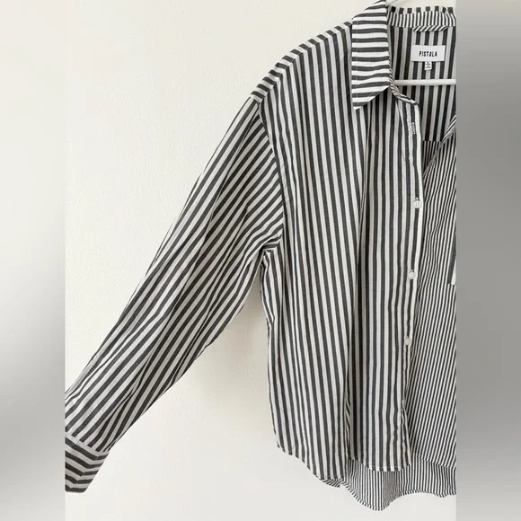 Pistola Millie Long Sleeve Button Down Shirt in Noir Ecru Stripe Size Large - Picture 3 of 7